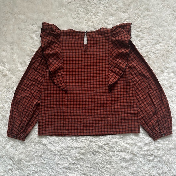 Madewell Blouse Ruffle-Front Top in Plaid Warren Check Faded Rust S - Picture 5 of 13